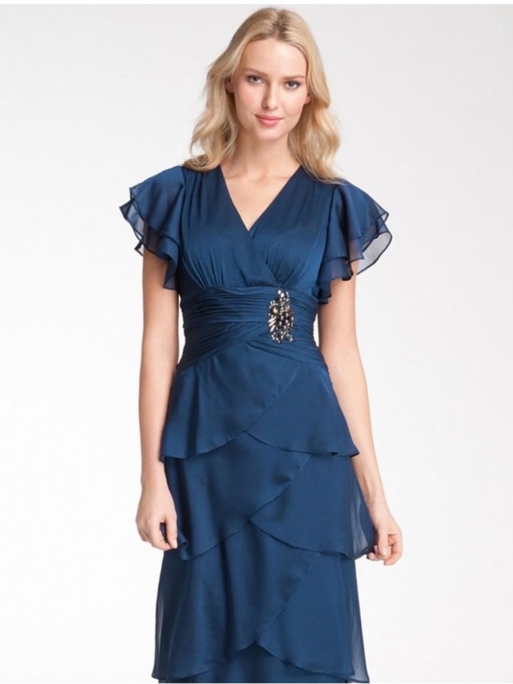 *Adrianna Papell Occ 6 Teal chiffon Ruffled Gown Flutter Sleeves Beaded Detail